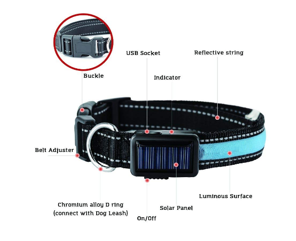 LED Solar Rechargeable Dog Collar - USB & Solar Charging for Night Safety
